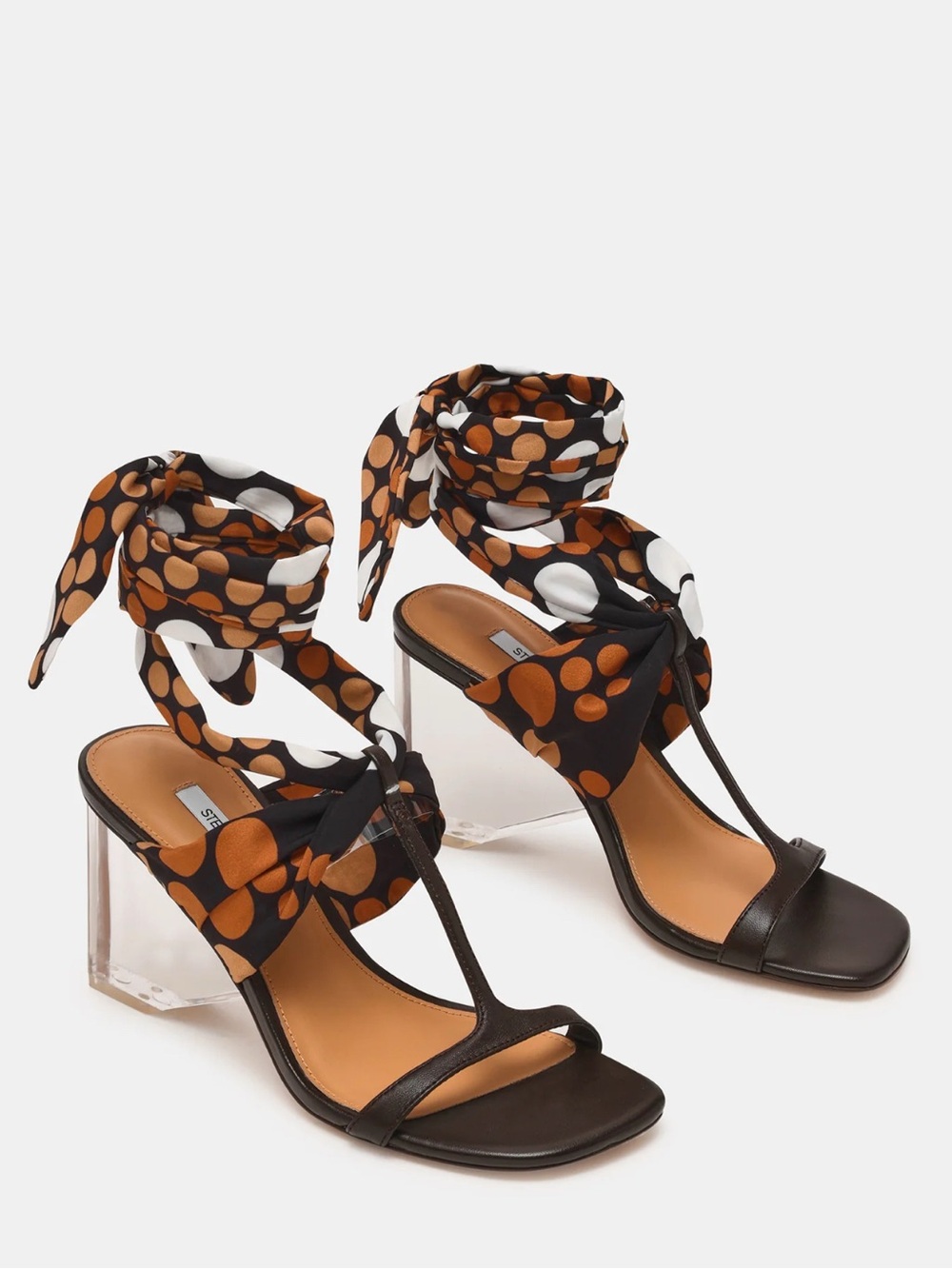 New Steve Madden Sera Black Slide Clear Heels with Brown/White Polka Wrap Scarf